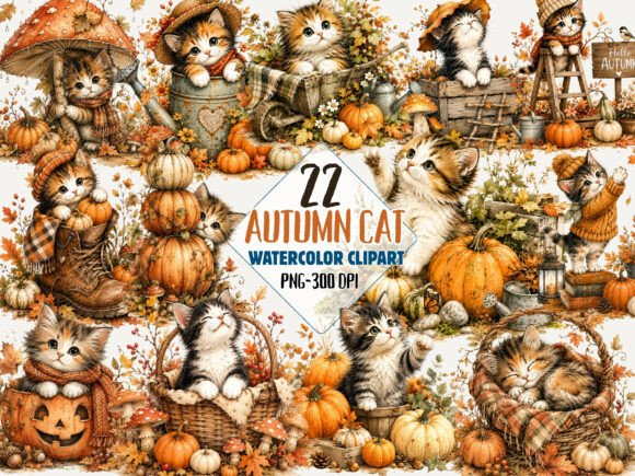 Download Autumn Pumpkin Cat Clipart Bundle Png - Premium Resources